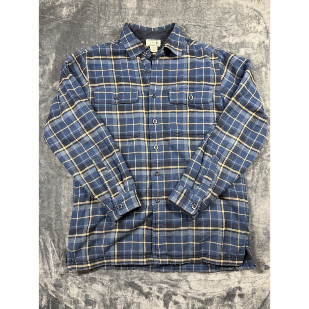 LL Bean Fleece Lined Flannel Shirt Jacket Mens S Blue Plaid Heavyweight 250393